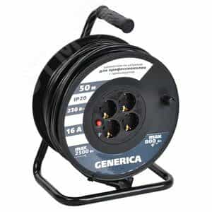 Удлинитель силовой  УК50 с термозащитой 4 места 2P+PE/50м 3х1.5мм2 GENERICA (WKP20-16-04-50-G)