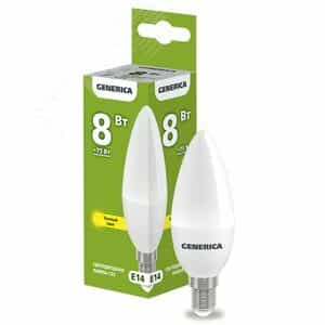 Лампа светодиодная C35 свеча 8Вт 230В 3000К E14 GENERICA (LL-C35-08-230-30-E14-G)