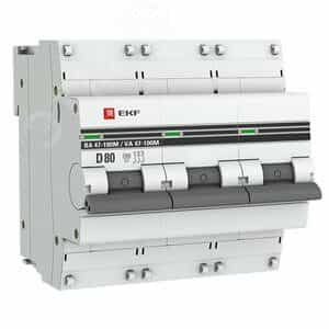 Автоматический выключатель 3P 80А (D) 10kA ВА 47-100M c электромагнитным расцепителем EKF PROxima (mcb47100m-3-80D-pro)