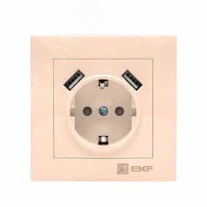 Валенсия розетка 1-местная с/з 16А кремовая с защ. штор. с 2 USB 2,1А EKF PROxima (EWR16-028-20-2USB)