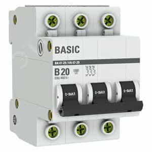 Автоматический выключатель 3P 20А (B) 4,5кА ВА 47-29 EKF Basic (mcb4729-3-20-B)