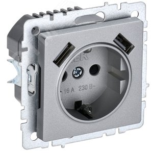 BRITE Роз. с з/к/ш 16А с USB A+A 3,1А РЮш10-2-БрА алюм. IEK BR-R14-16-U21-D31-K47