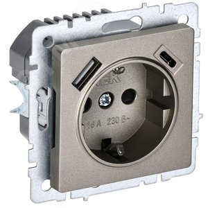 BRITE Роз. с з/к/ш 16А с USB A+C 18Вт РЮш11-1-БрШ шамп. IEK BR-R14-16-U22-018-K37