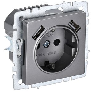 BRITE Роз. с з/к/ш 16А с USB A+A 2,1А РЮш10-1-БрС сталь IEK BR-R14-16-U21-D21-K46