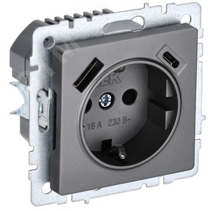 BRITE Роз. с з/к/ш 16А с USB A+C 18Вт РЮш11-1-БрС сталь IEK BR-R14-16-U22-018-K46