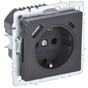 BRITE Роз. с з/к/ш 16А с USB A+C 18Вт РЮш11-1-БрГ граф. IEK BR-R14-16-U22-018-K53