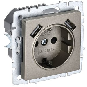 BRITE Роз. с з/к/ш 16А с USB A+A 2,1А РЮш10-1-БрШ шамп. IEK BR-R14-16-U21-D21-K37