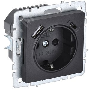 BRITE Роз. с з/к/ш 16А с USB A+C 18Вт РЮш11-1-БрЧ черн. IEK BR-R14-16-U22-018-K02