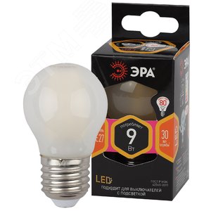 Лампа светодиодная F-LED P45-9w-827-E27 frost (филамент, шар мат, 9Вт, тепл, E27) (10/100/3600) Б0047024