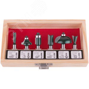 Фрезы по дереву кромочные, набор 6 шт, деревянный бокс, хвостовик 8 мм 36568