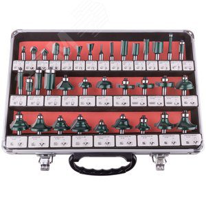 Фрезы по дереву кромочные, набор 35 шт, алюминиевый кейс, хвостовик 8 мм 36580