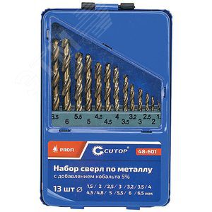 Набор сверл по металлу с кобальтом 5% в металлической коробке, 2-8 мм (через 0.5 мм), 13 шт, Cutop Profi 48-603